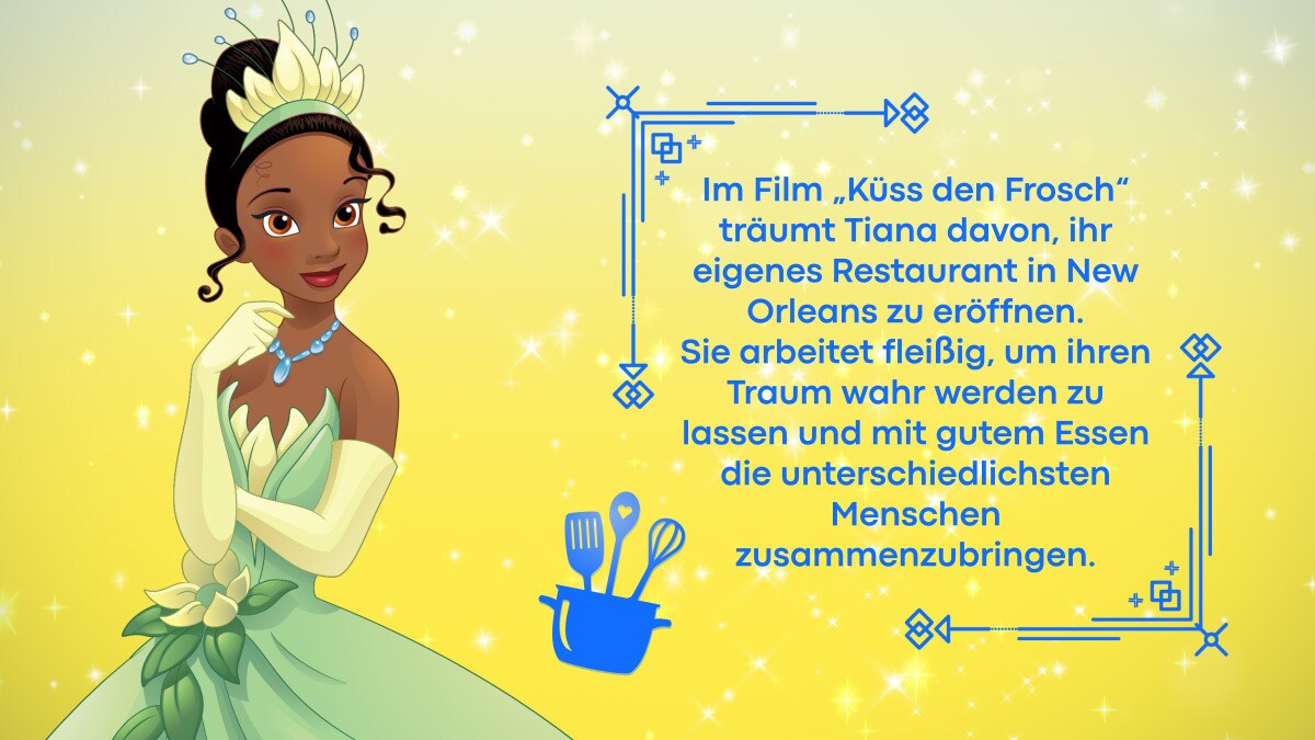 Prinzessin Tiana mit einem Beschreibungstext über sie selbst vor gelbem Hintergrund