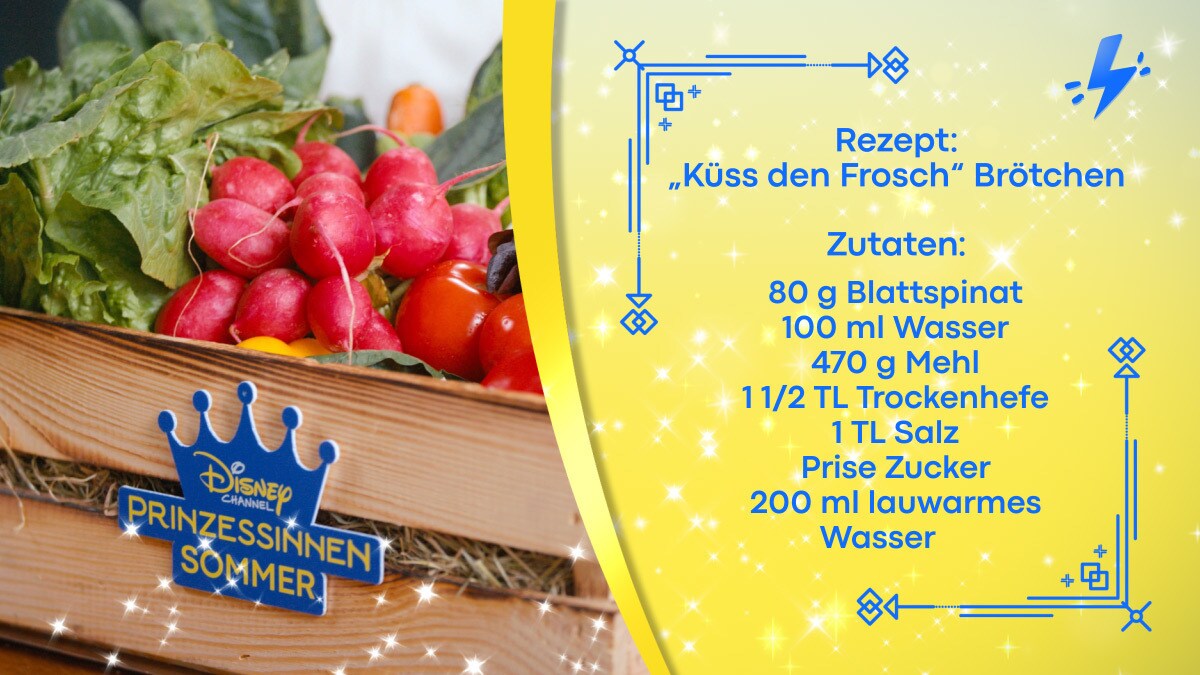 Rezept für Küss den Frosch Brötchen auf gelbem Hintergrund und einem Logo auf einem Gemüsekorb