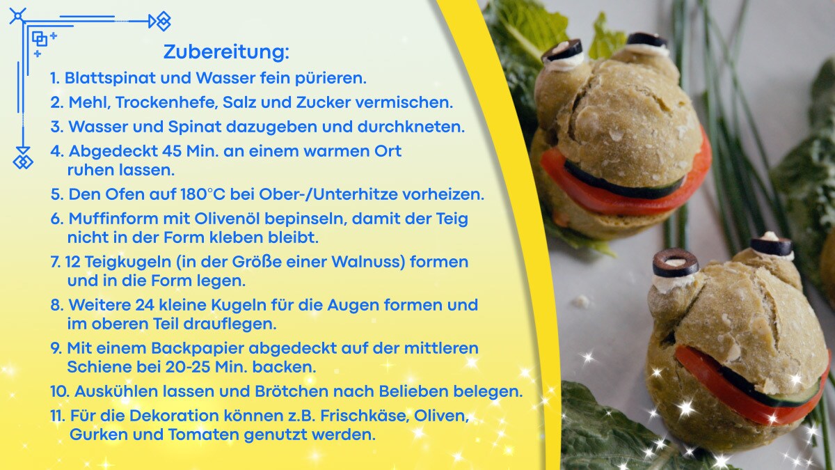 Rezept für Küss den Frosch Brötchen auf gelbem Hintergrund - Zubereitungsschritte