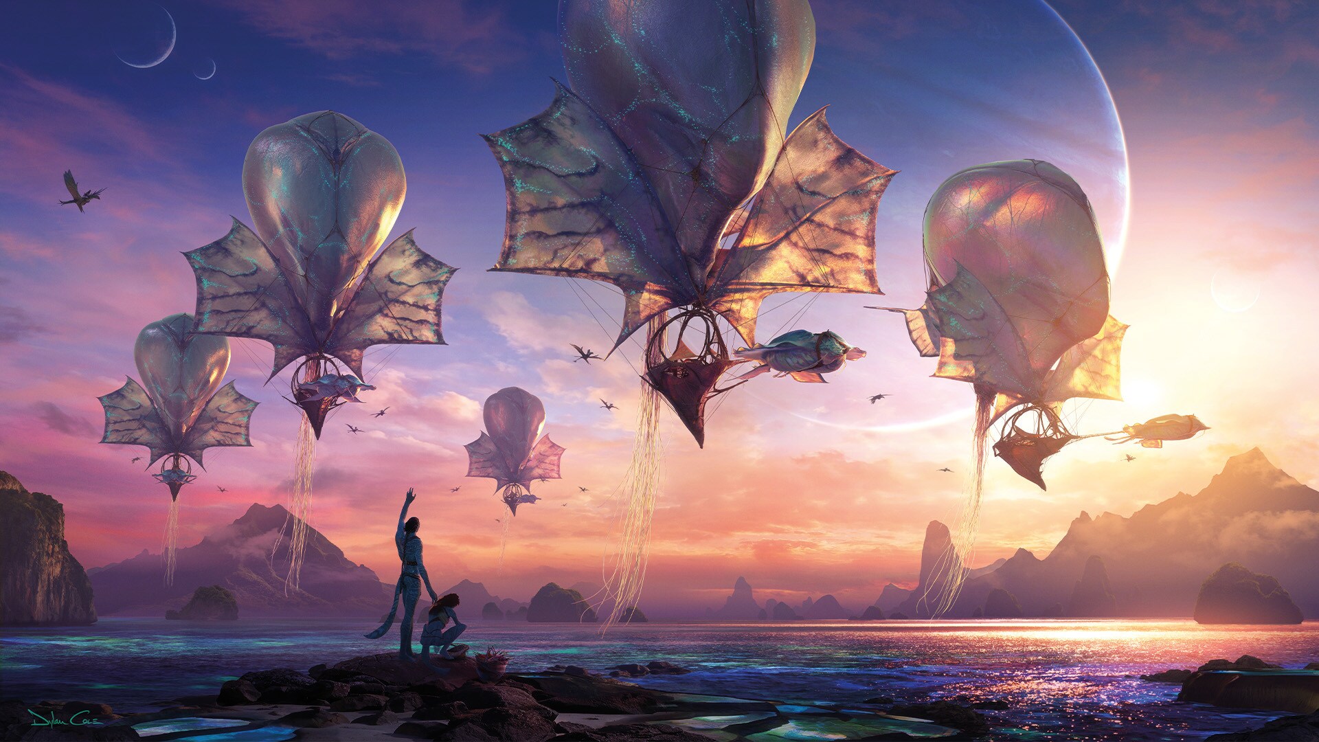 Image of several Medusoids over a body of water. There is a Na'vi individual in the foreground waving at them. 