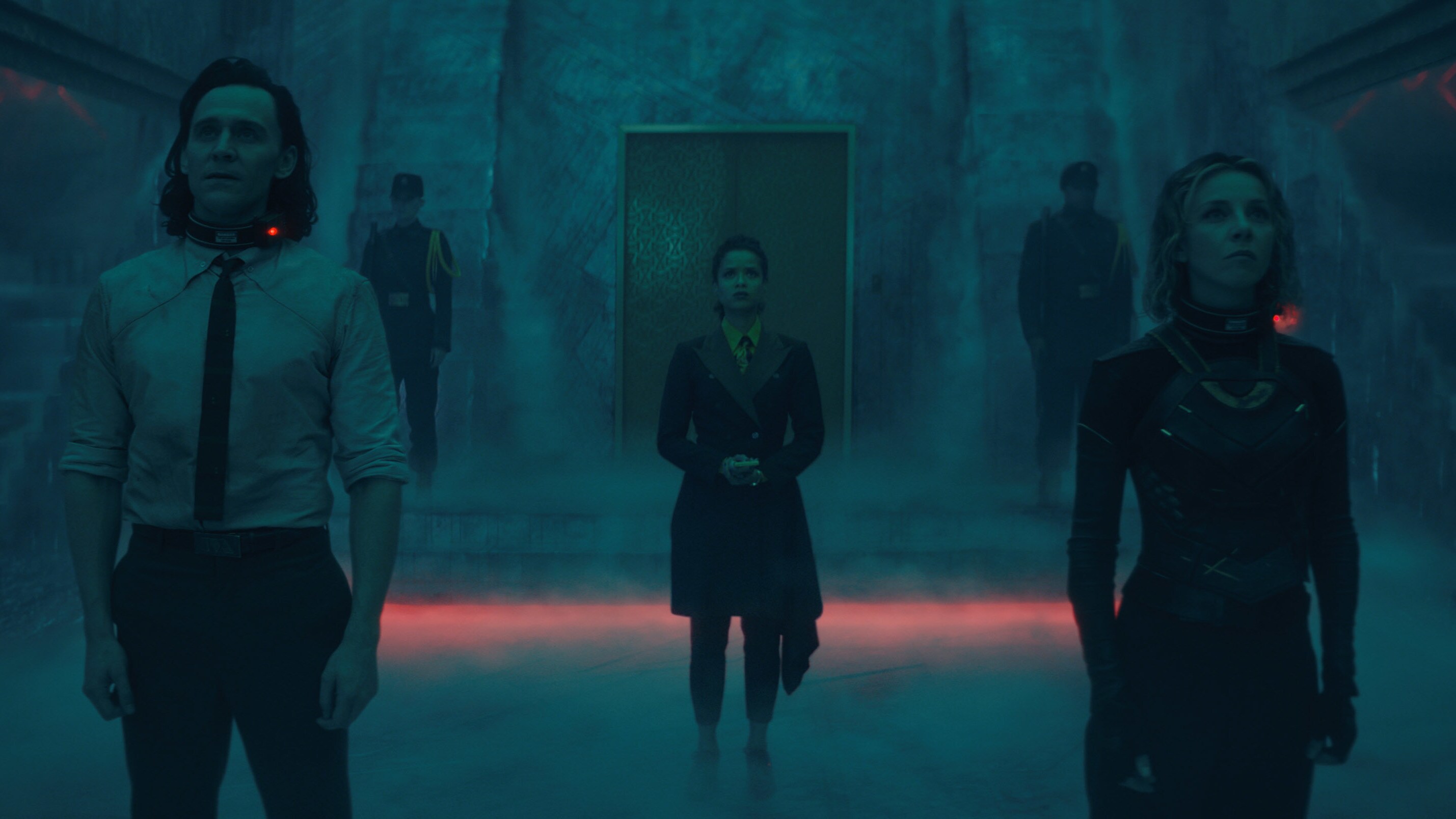 (L-R): Loki (Tom Hiddleston), Judge Renslayer (Gugu Mbatha-Raw) and Sylvie (Sophia Di Martino) in Marvel Studios' LOKI, exclusively on Disney+. Photo courtesy of Marvel Studios. ©Marvel Studios 2021. All Rights Reserved.