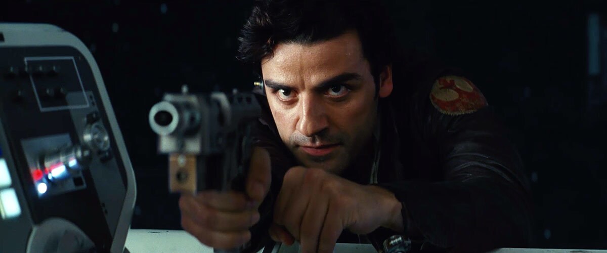 Poe Dameron aiming his blaster