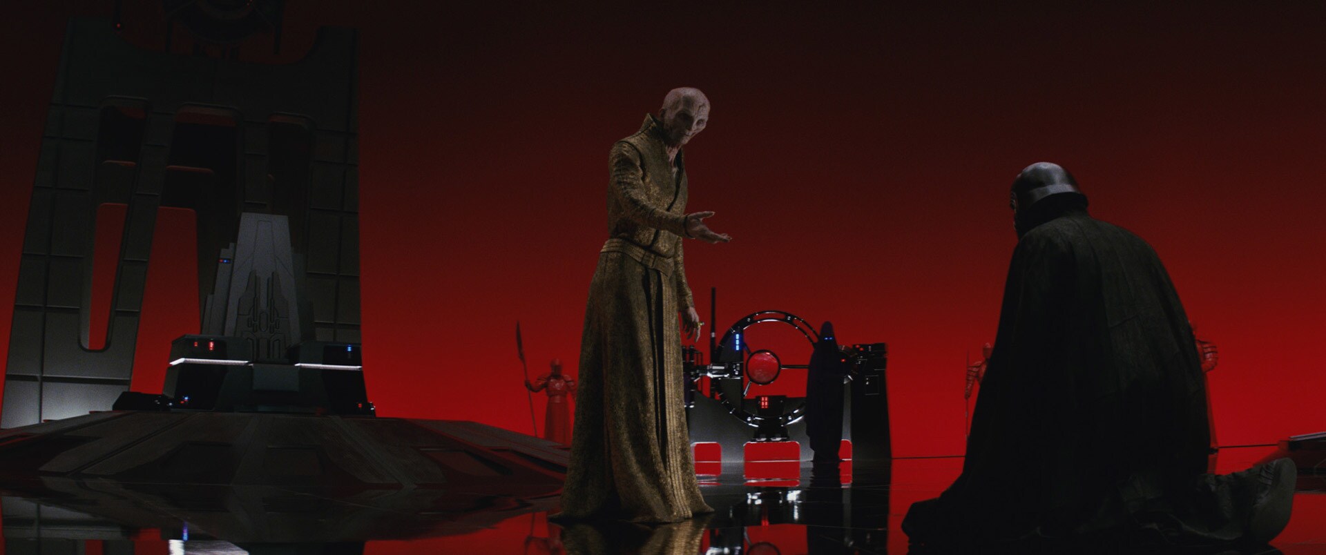 Snoke meets with his top commanders. While initially angered with Hux, he is pleased that the gen...