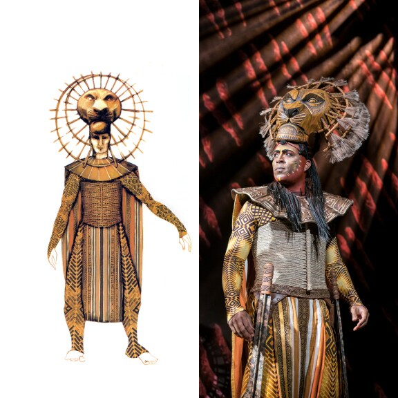 A costume sketch of Mufasa, next to an image of the actor in costume.