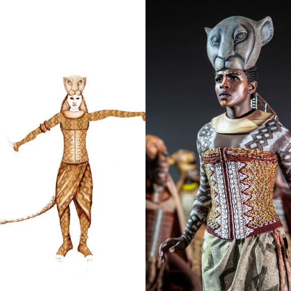A costume sketch for Nala next to an image of the actor in costume.