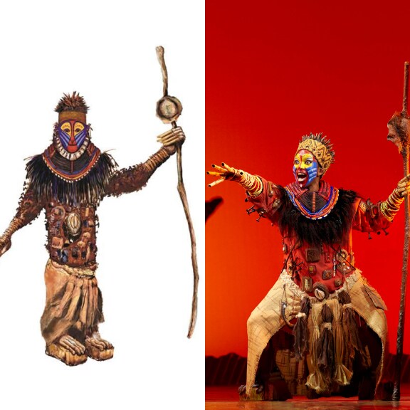 A costume sketch of Rafiki, next to an image of the actor in costume.