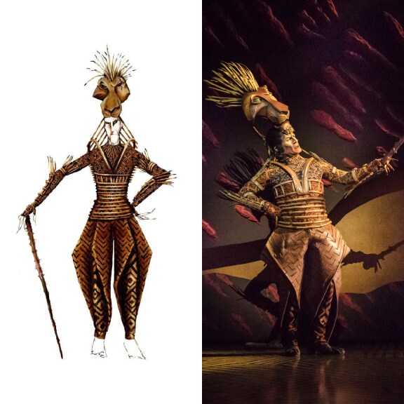 A costume sketch of Scar next to an image of the actor in costume. 