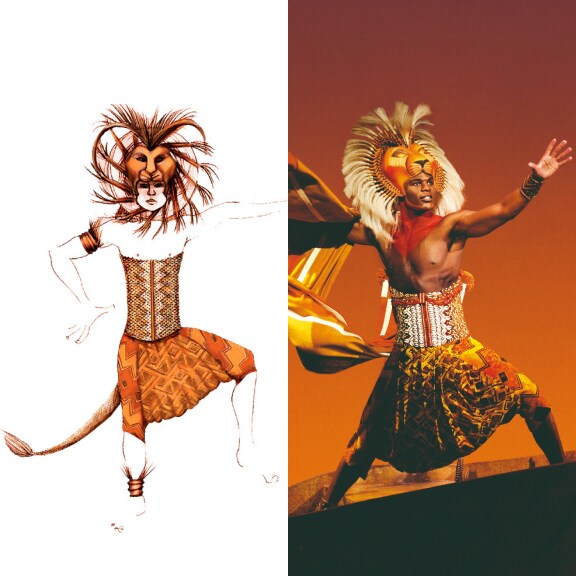 Eine Kostümskizze für ein Cast-Mitglied, das Simba spielt, neben einem Bild des Darstellers im Kostüm.
