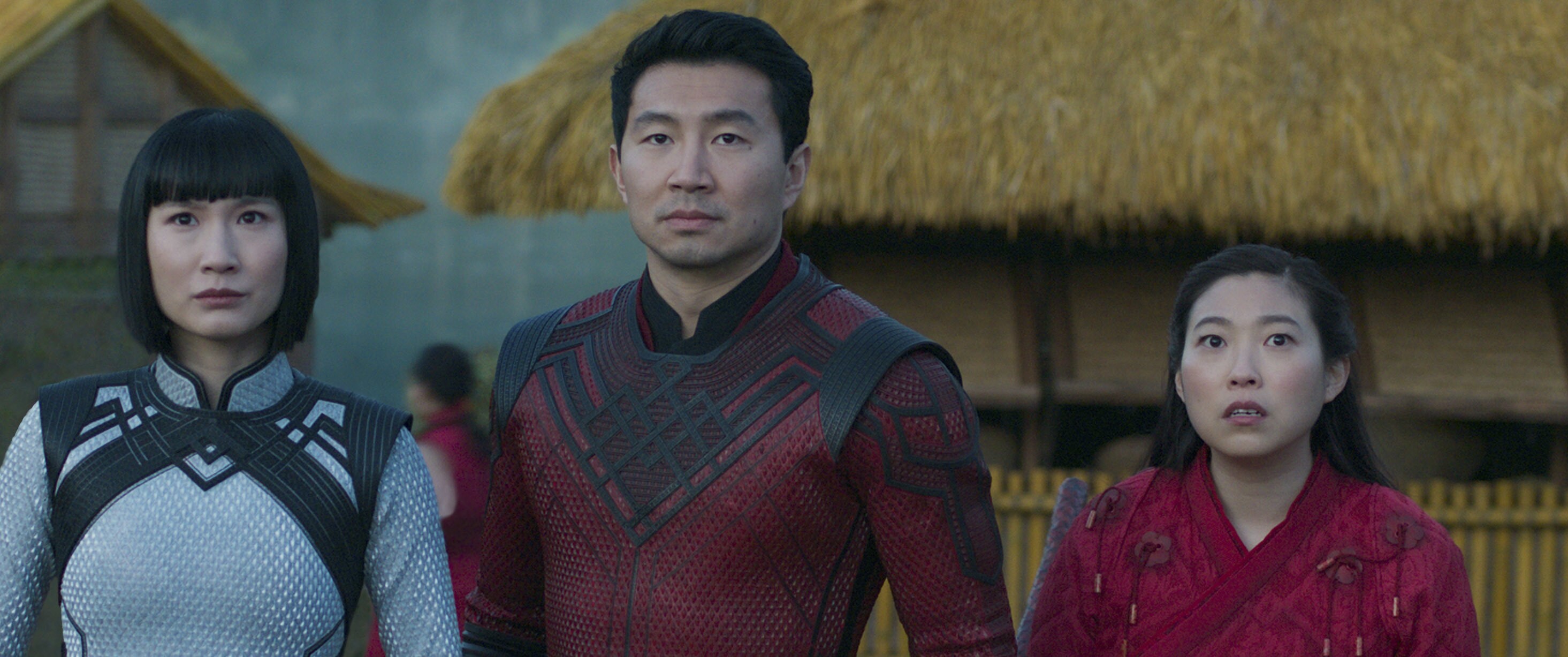 Meng'er Zhang as Xialing, Simu Liu as Shang-Chi, and Awkwafina as Katy in Marvel Studios' Shang-Chi and the Legend of the Ten Rings