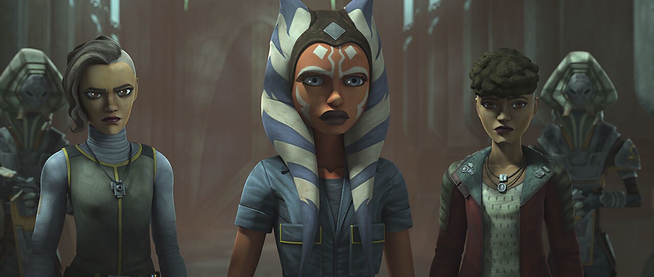 The three appear before the Pyke leader, Marg Krim. Ahsoka says she wants to cut a deal in exchan...
