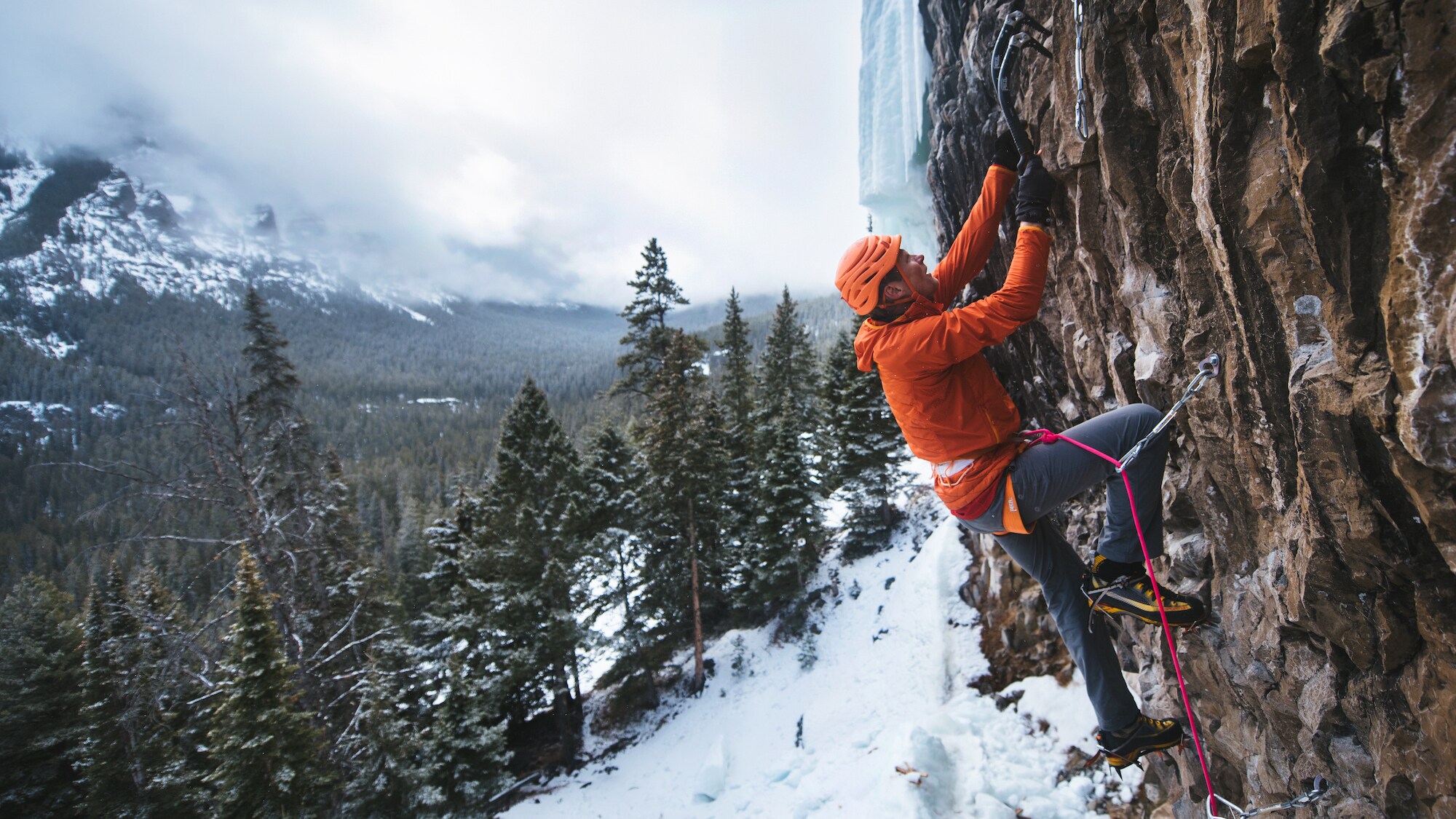 Conrad Anker ice climbing up Hyalite outside of Bozeman, Montana. (Credit: Max Lowe)