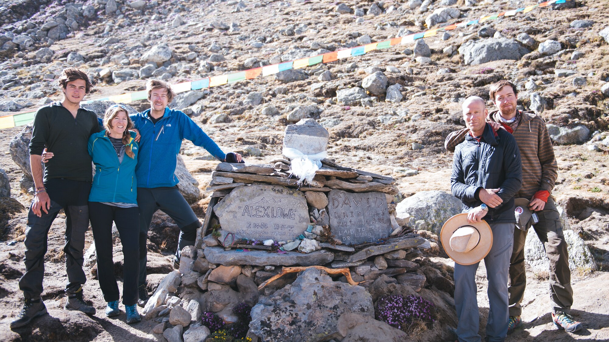 Tibet - Lowe-Anker family at the basecamp of Shishapangma memorial site for Alex Lowe and David Bridges. (National Geographic/Max Lowe)