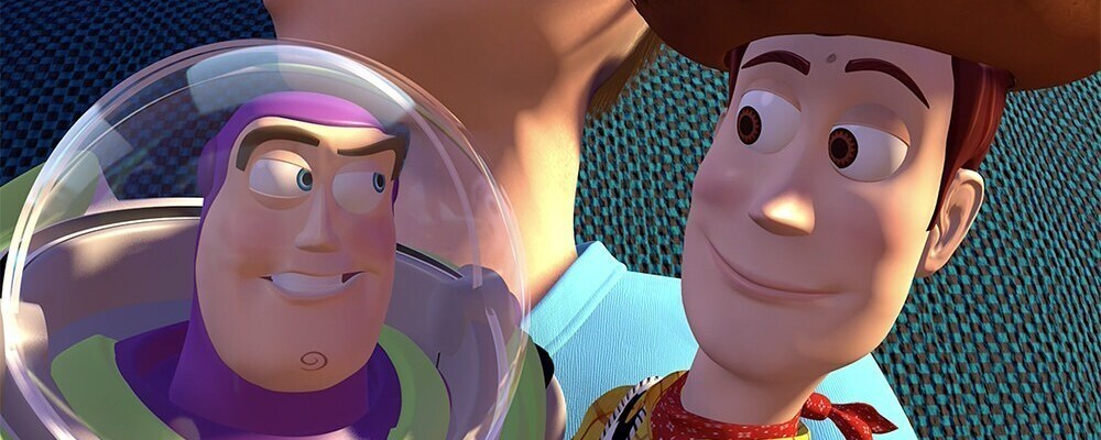 Animated Characters Andy Woody and Buzz in a car in the film "Toy Story"