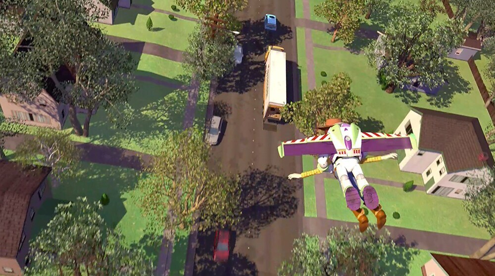 Buzz Lightyear and Woody flying over a neighborhood in "Toy Story"