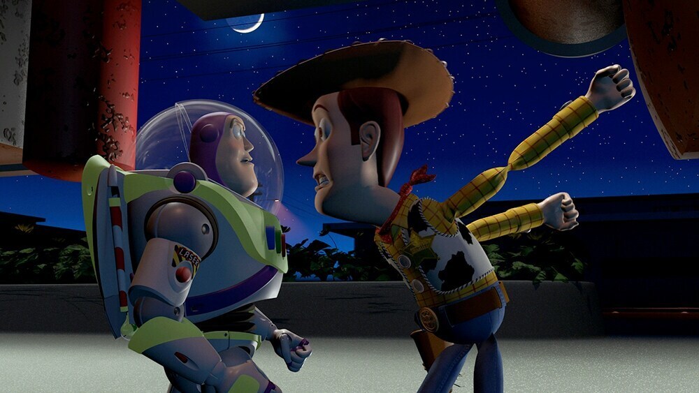 Woody yelling at Buzz Lightyear in the animated movie "Toy Story"