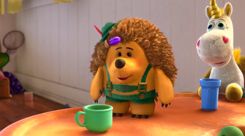 Pricklepants and Buttercup at a table with cups from the animated movie "Toy Story 3"