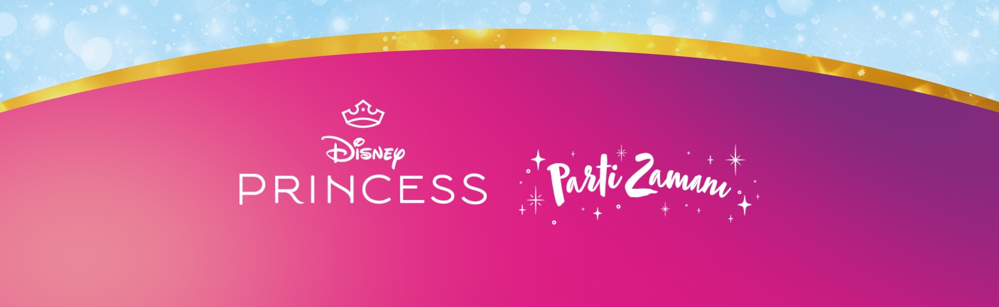 Pembe mor degradeli arka planda Disney Prenses 'Parti Zamanı' grafiği, ışıltılar ve taç ikonu