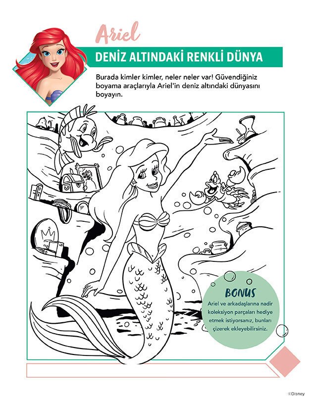 Küçük Deniz Kızı Ariel’in yer aldığı boyama sayfası; deniz canlıları ve su altı hazineleriyle çevrili.