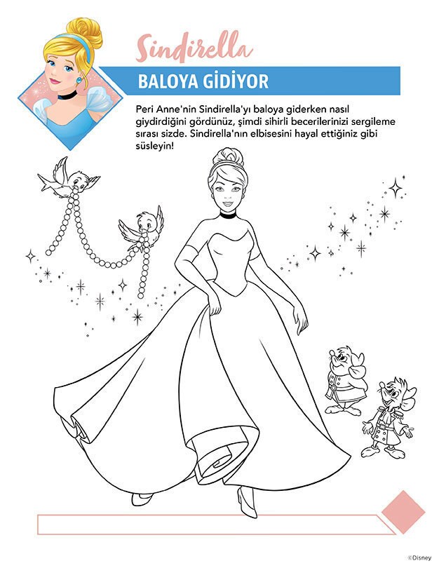 Balo elbisesiyle Sindirella’nın yer aldığı boyama sayfası; iki kuş inci kolye tutuyor ve fare arkadaşları Jaq ile Gus da yanında