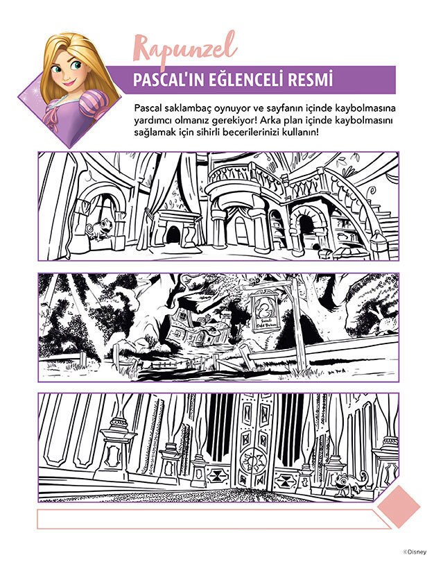 Tangled filminden Rapunzel’in yer aldığı boyama sayfası; Pascal neşeli bir arka planda saklambaç oynuyor.
