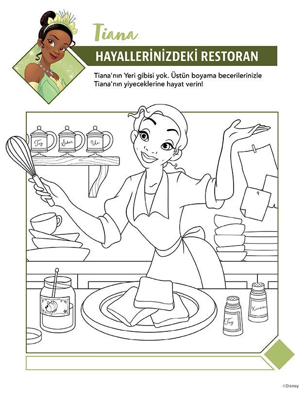 Prenses ve Kurbağa filminden Tiana’nın yer aldığı boyama sayfası; hayalindeki restoranda yemek pişiriyor.