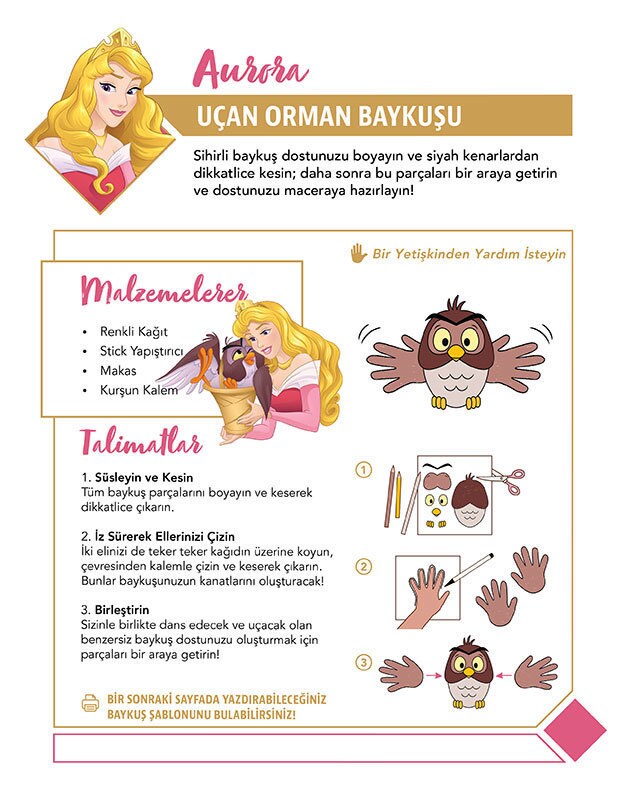Aurora ile birlikte sihirli bir kağıt baykuş yapma talimatları.