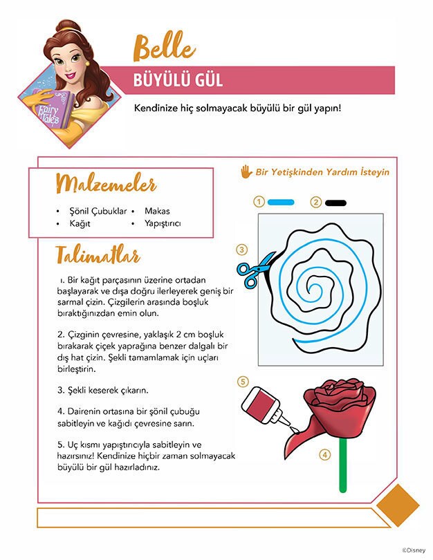 Belle’den ilham alan sihirli bir kağıt gül yapımı için talimatlar.