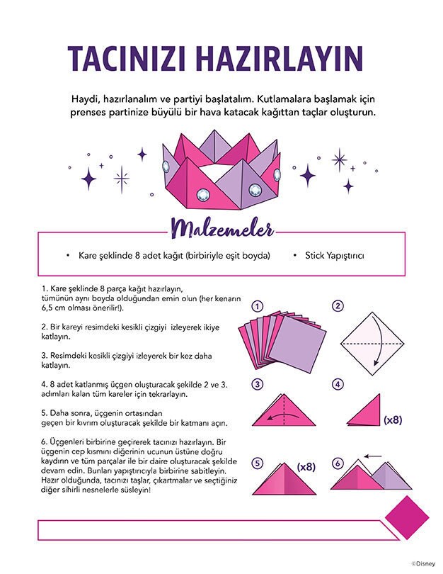 Kare kâğıtlar ve yapıştırıcı kullanarak kendi kağıttan tacını yapma talimatları.