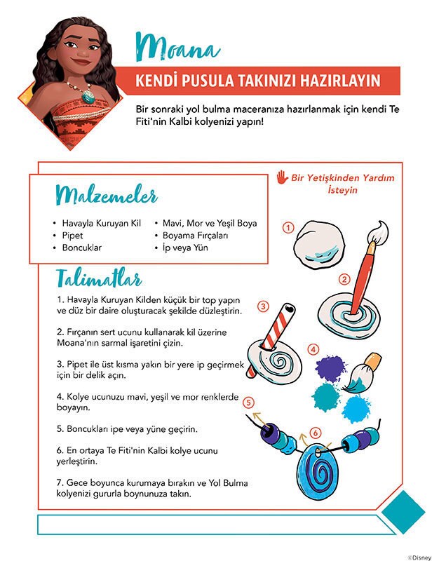 Moana ile kil ve boya kullanarak Te Fiti’nin Kalbi kolyesi yapımı için el işi talimatları.