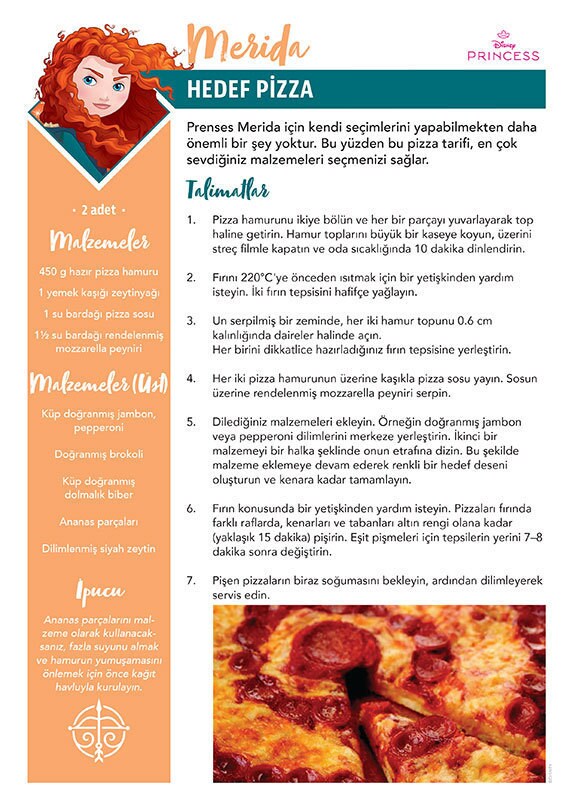 Disney’nin Cesur filminden Merida’dan ilham alan “Hedef Pizza” tarif kartı; hedef şeklinde süslemelerle.