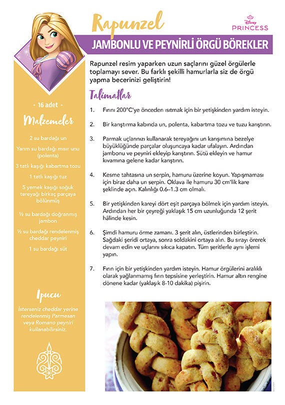 Disney’nin Tangled filminden Rapunzel’den ilham alan “Jambonlu ve Peynirli Örgü Börek” tarif kartı.