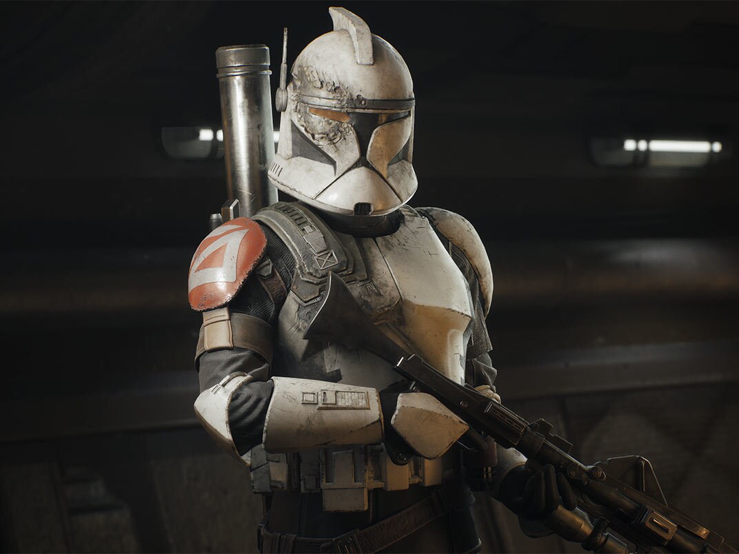 Trick, clone trooper CT-3301, wearing weathered Republic clone armor with an orange shoulder marking and holding a blaster