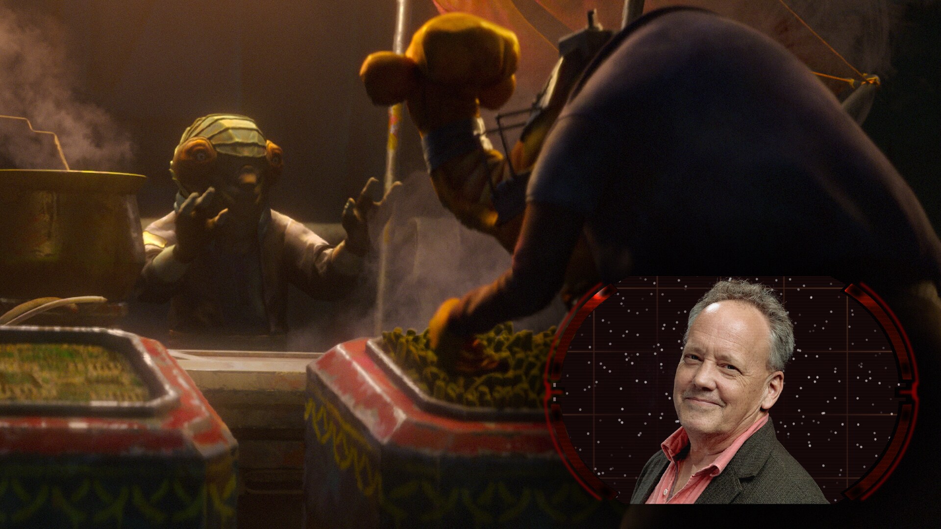 The fruit cart vendor and a headshot of Dee Bradley Baker.
