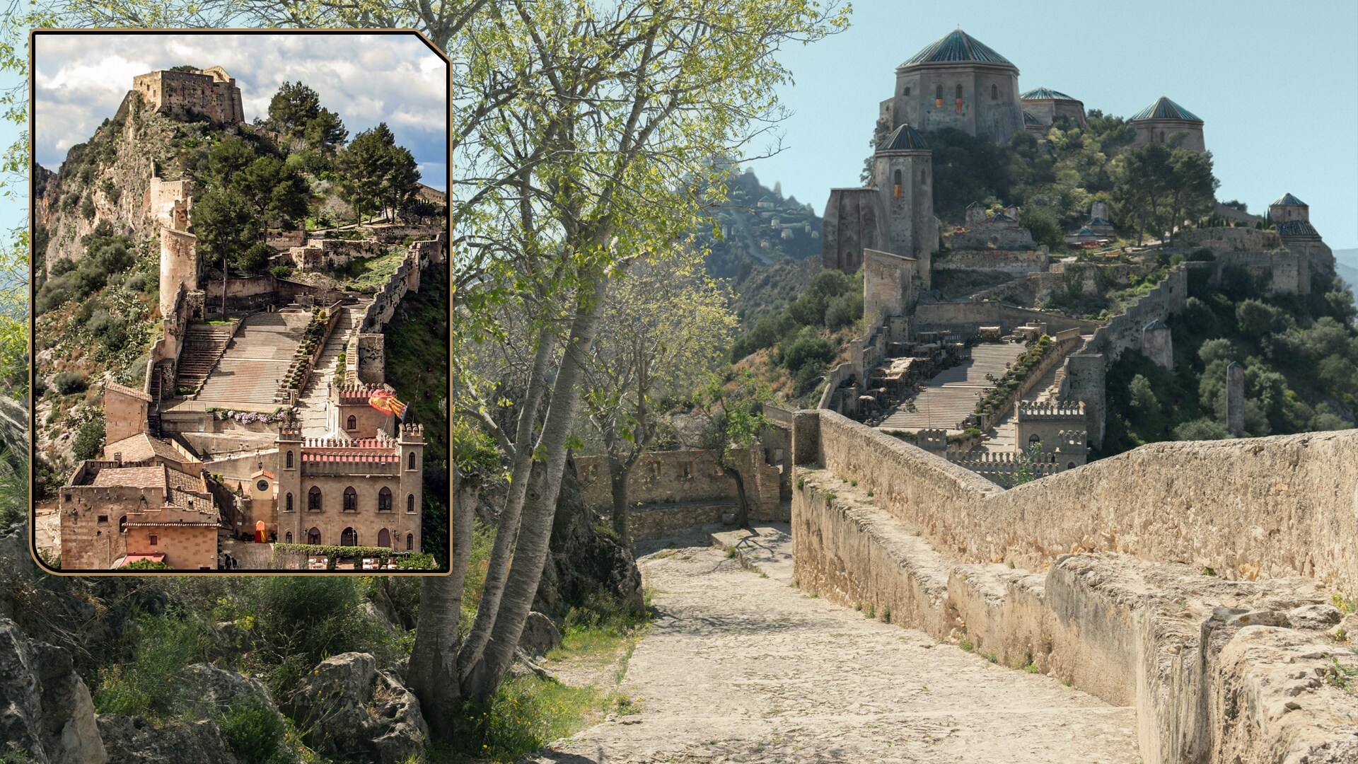 The hill town marketplace and Luthen and young Kleya’s subsequent departure along a castle wall was captured at Xàtiva Castle.