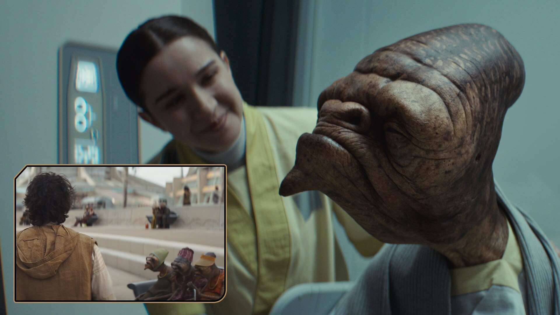 Kleya Marki pushes a hovering chair as she infiltrates the hospital on Coruscant.