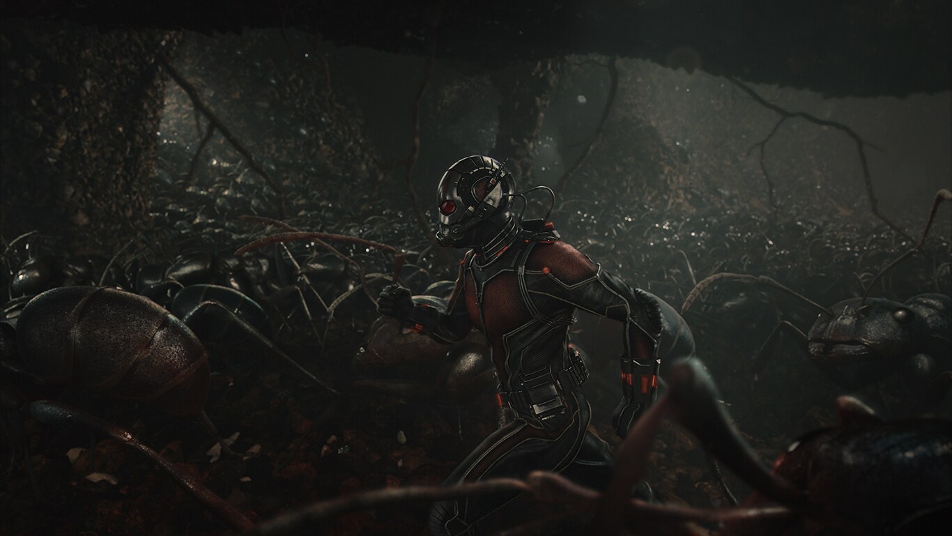 Ant-Man running with a colony of ants in the movie Ant-Man