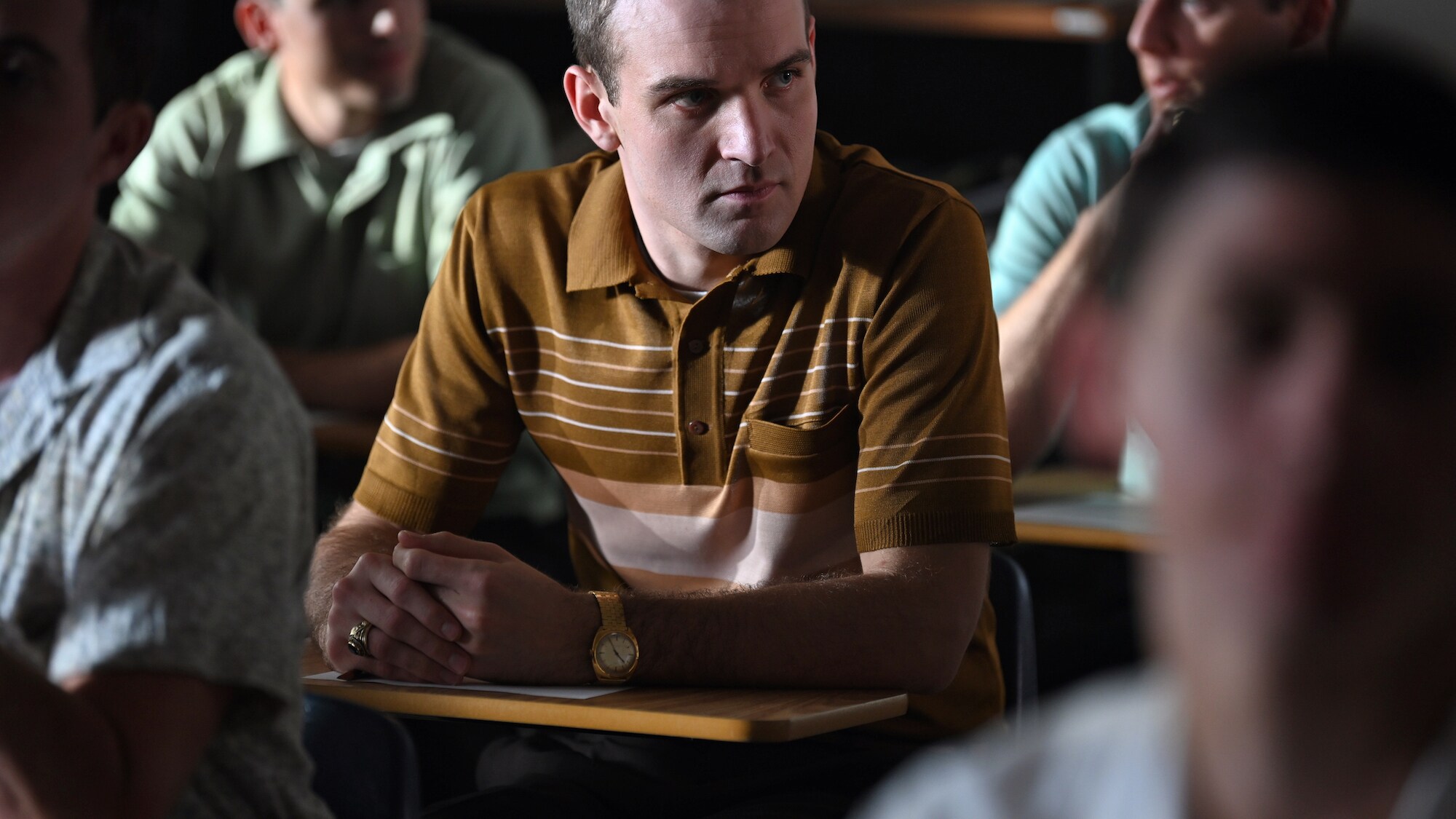 Deke Slayton (center), played by Micah Stock, during an exam for Project Mercury in National Geographic's THE RIGHT STUFF streaming on Disney+. (Credit: National Geographic/Gene Page)