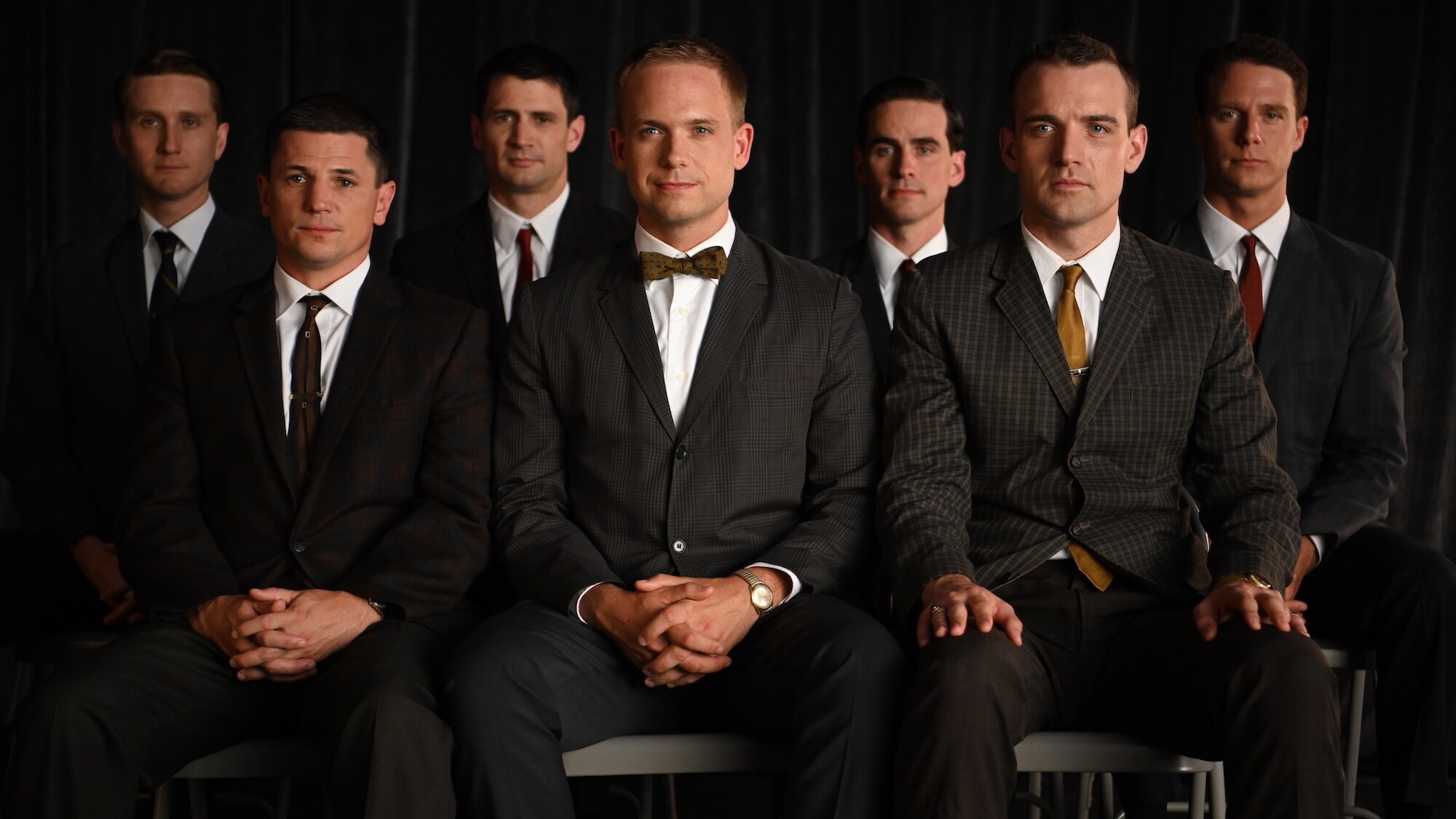 Back left to right: Aaron Staton as Wally Schirra, James Lafferty as Scott Carpenter, Colin O’Donoghue as Gordon Cooper, Jake McDorman as Alan Shepard. Front left to right: Michael Trotter as Gus Grissom, Patrick J. Adams as John Glenn and Micah Stock as D