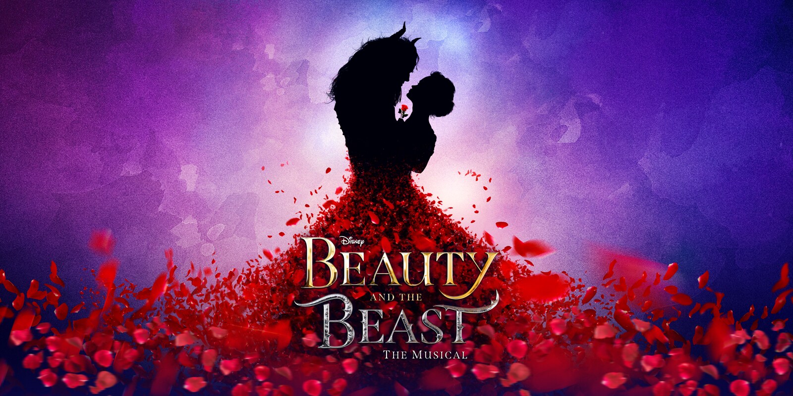 A silhouette of Belle and the Beast dancing, with red petals forming as Belle's dress skirt