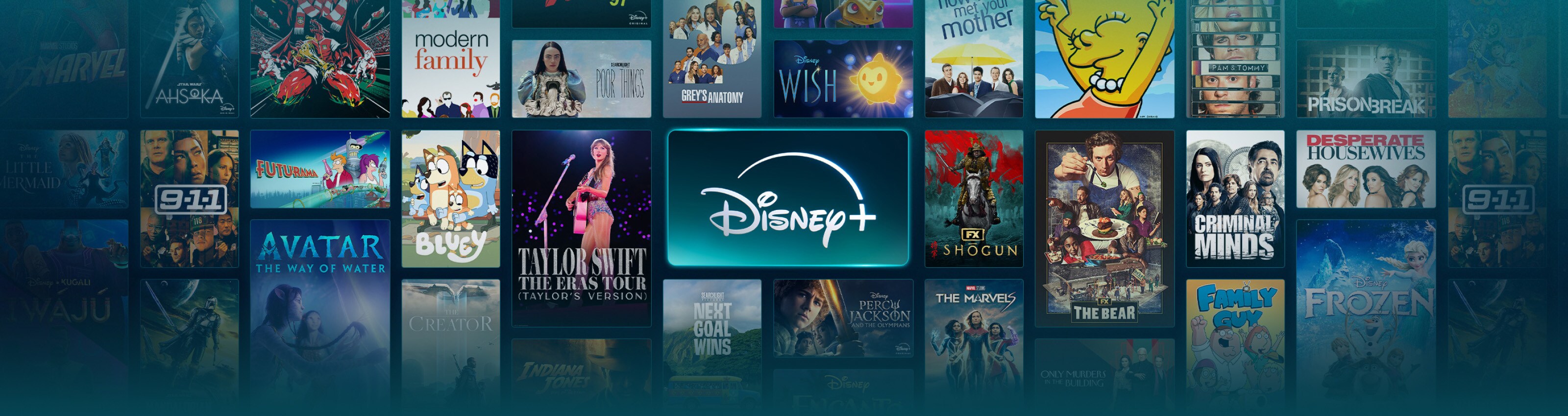 Tiles showing a large selection of content available on Disney+