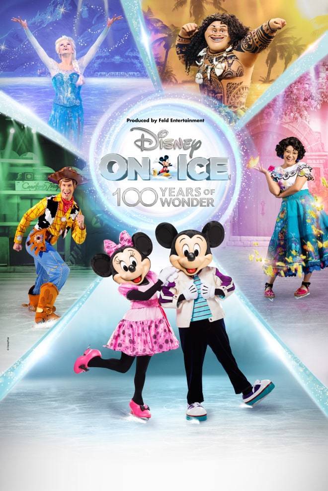 Characters from Disney On Ice 100 Years of Wonder including Mickey and Minnie, Woody, Elsa, Maui and Mirabel