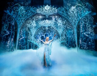 Elsa singing against a misty background