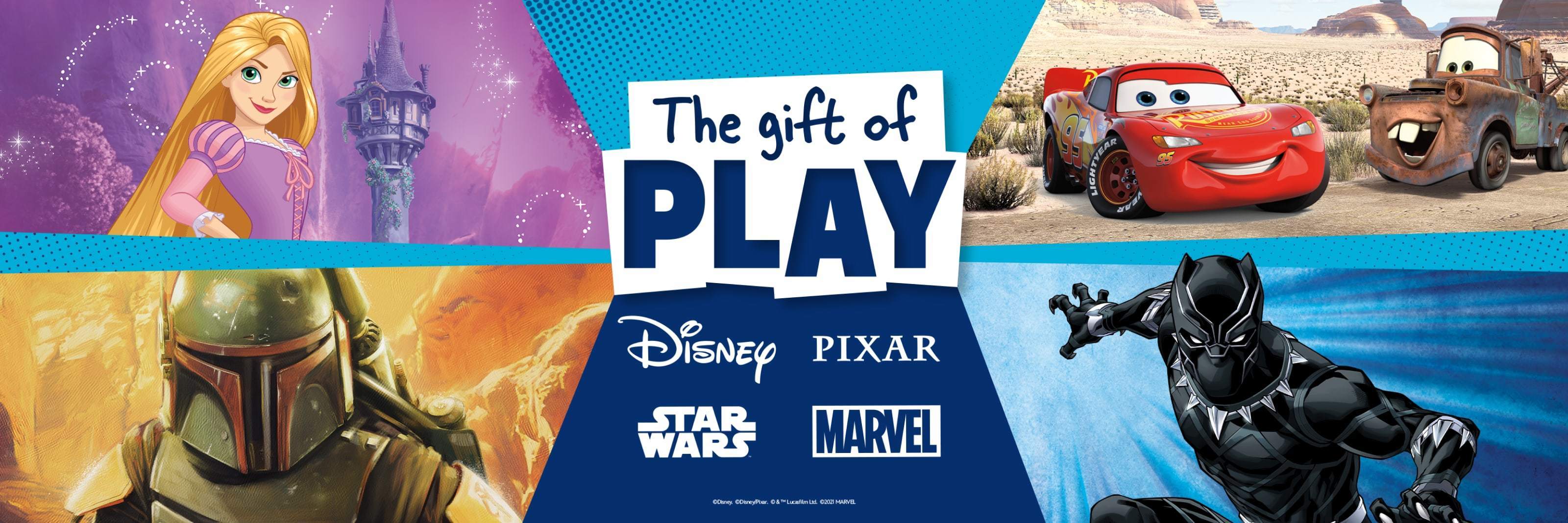 Disney, Pixar, Star Wars and Marvel characters in front of a blue background with brand logos in the centre