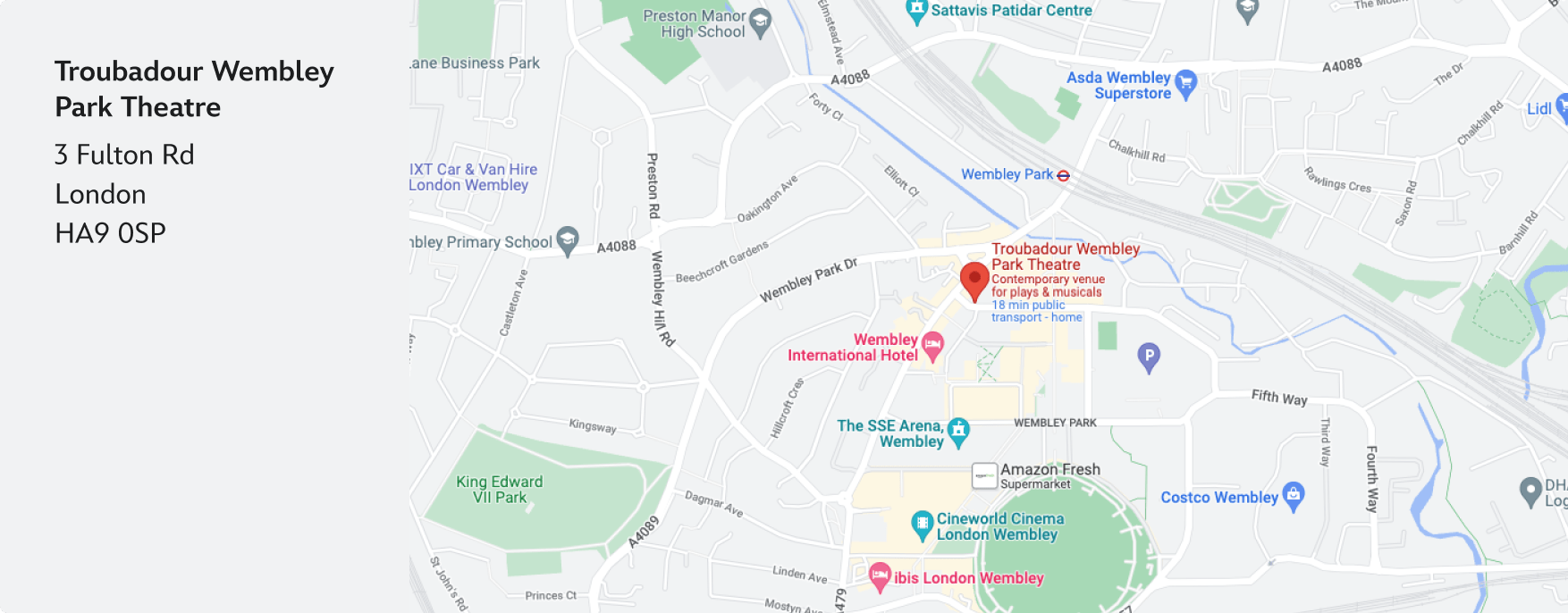 Street map of the Troubadour Theatre in Wembley Park, London