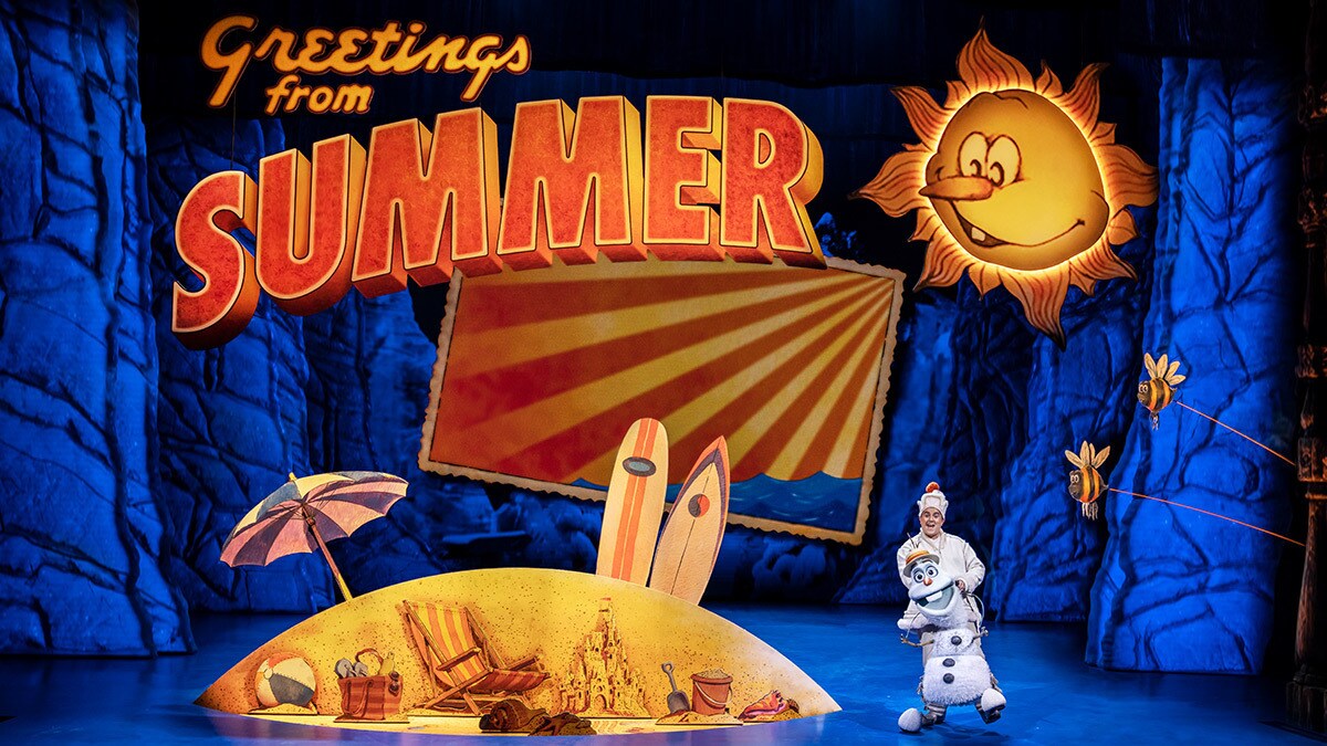 Olaf next to a summer recreation with a small beach and a smiling sun.