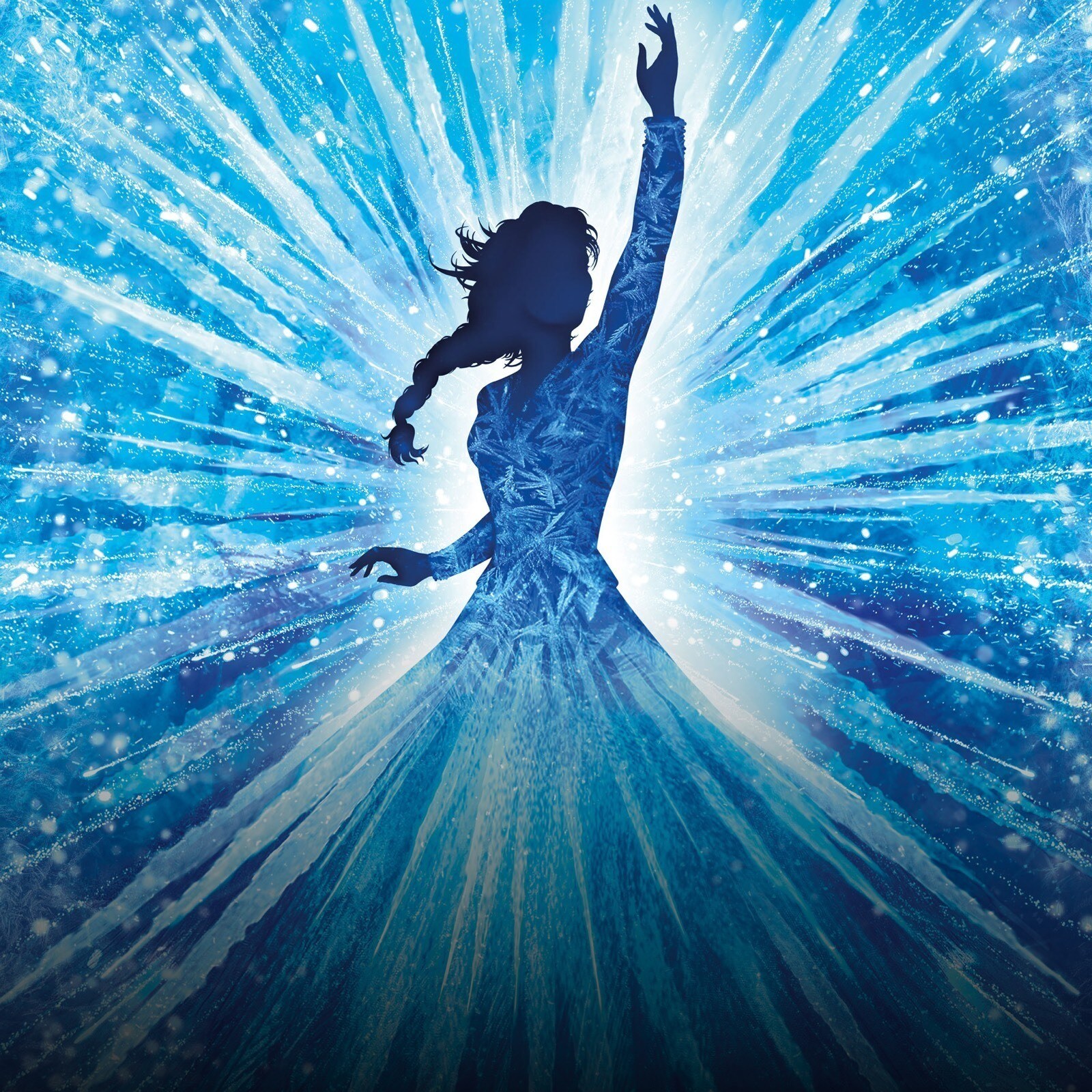 A silhouette of Elsa holding her arm up, with crystals forming around her