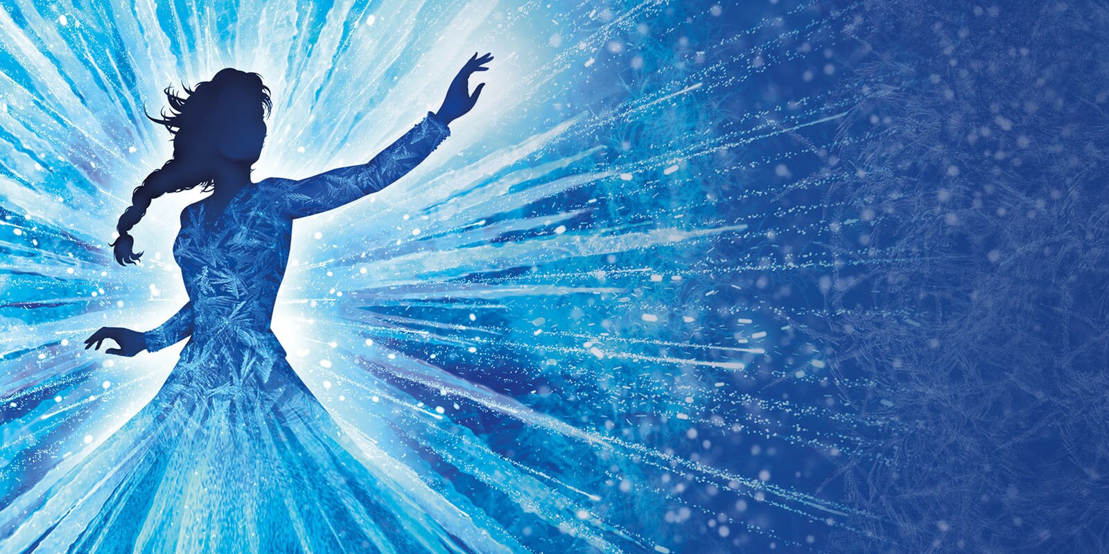 A silhouette of Elsa holding her arm up, with crystals forming around her