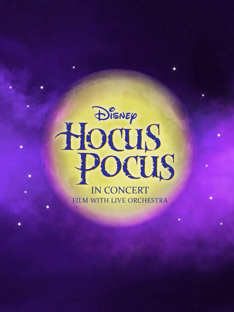Disney's Hocus Pocus logo on a yellow full moon surrounded by purple clouds and stars.