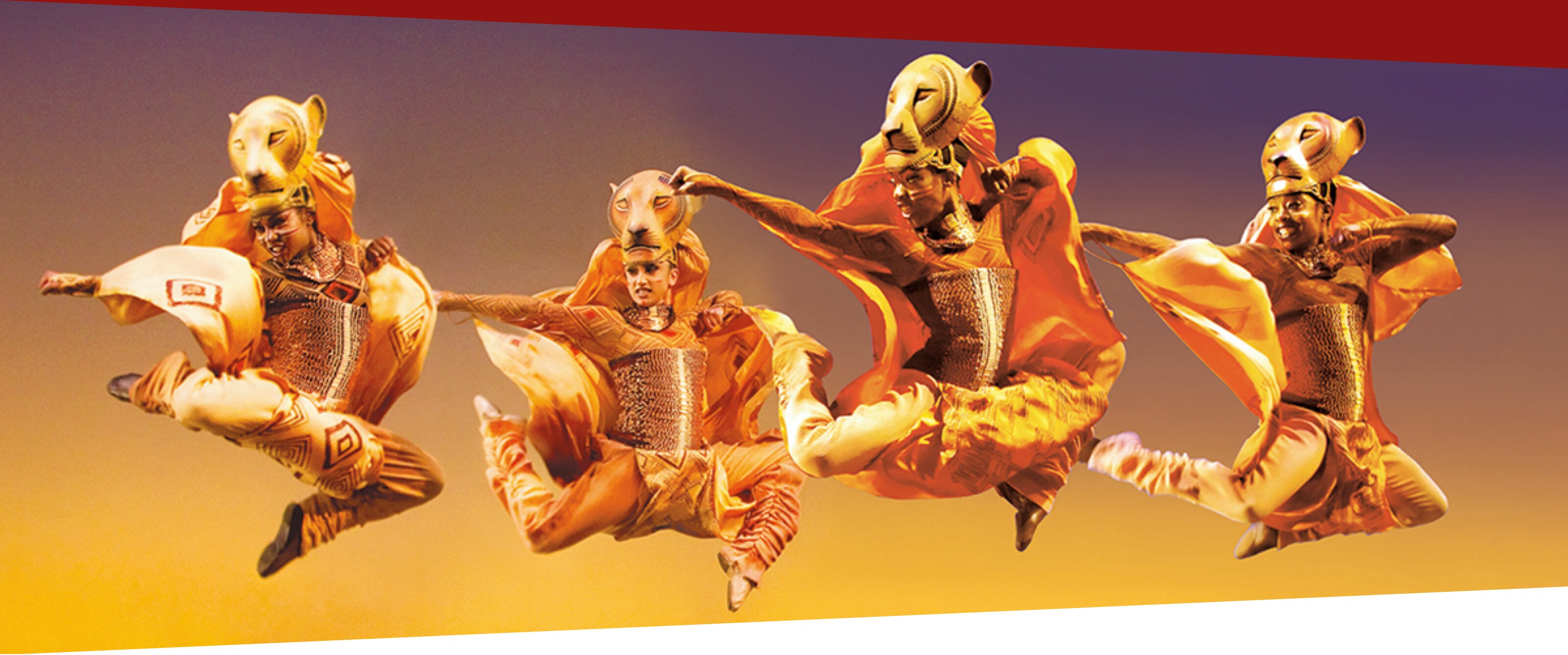Stills from the The Lion King stage show featuring giraffes, Rafiki and the Lionesses hunt
