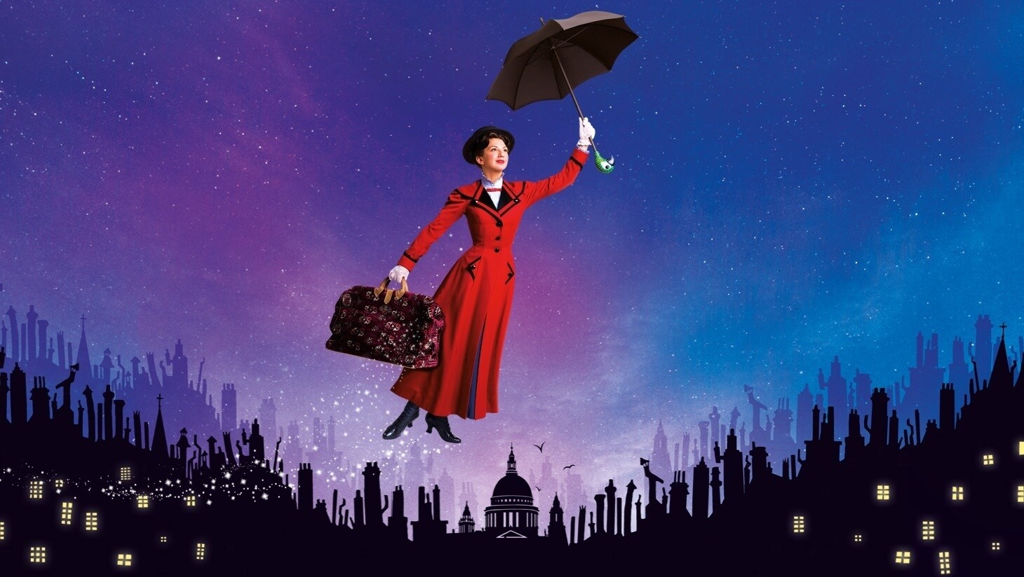 Mary Poppins的飞行与她的伞与镇在后台一个剪影和丰富多彩的星系的天空